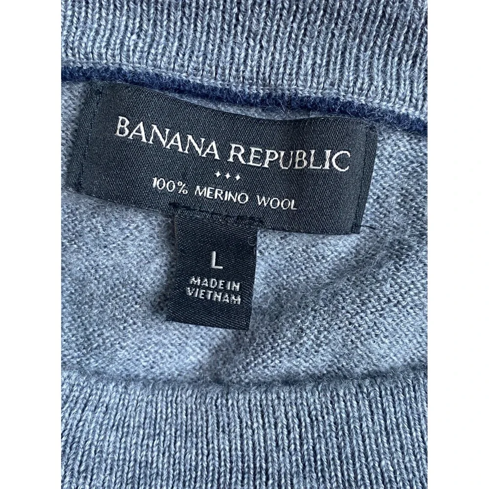 Banana Republic Mens Large 100% Merino Wool Striped Crewneck Sweater Grey Navy